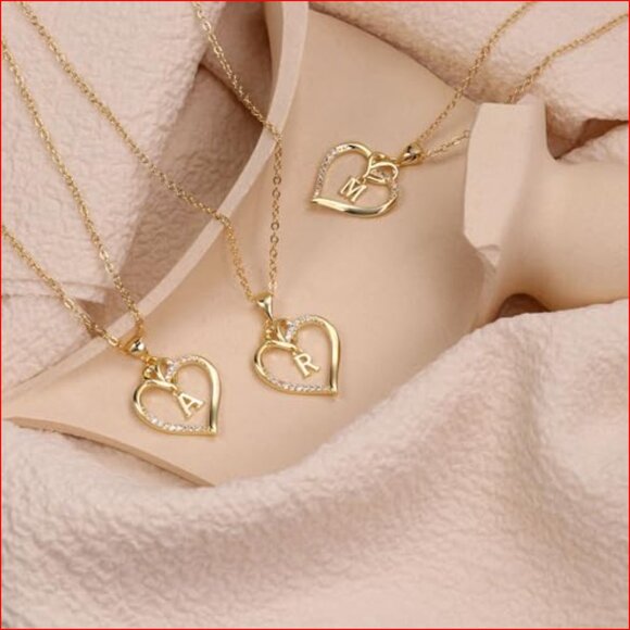 14K Gold Plated Heart Initial Pendant Necklace with CZ Stone - Picture 5 of 7